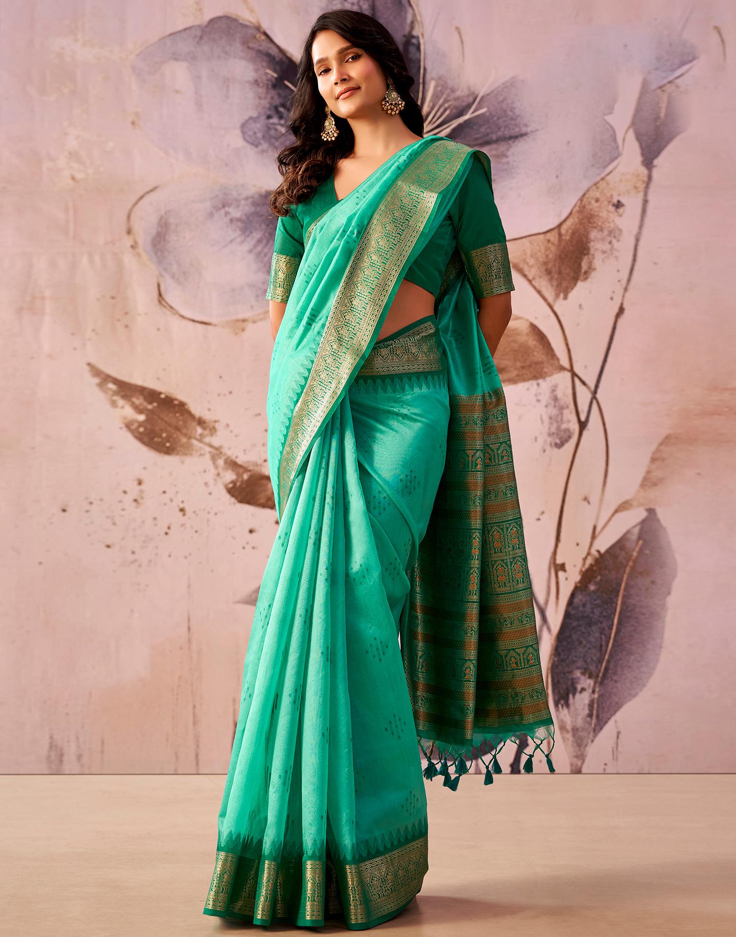 Turquoise Green Tusser Silk Woven Kanjivaram Saree