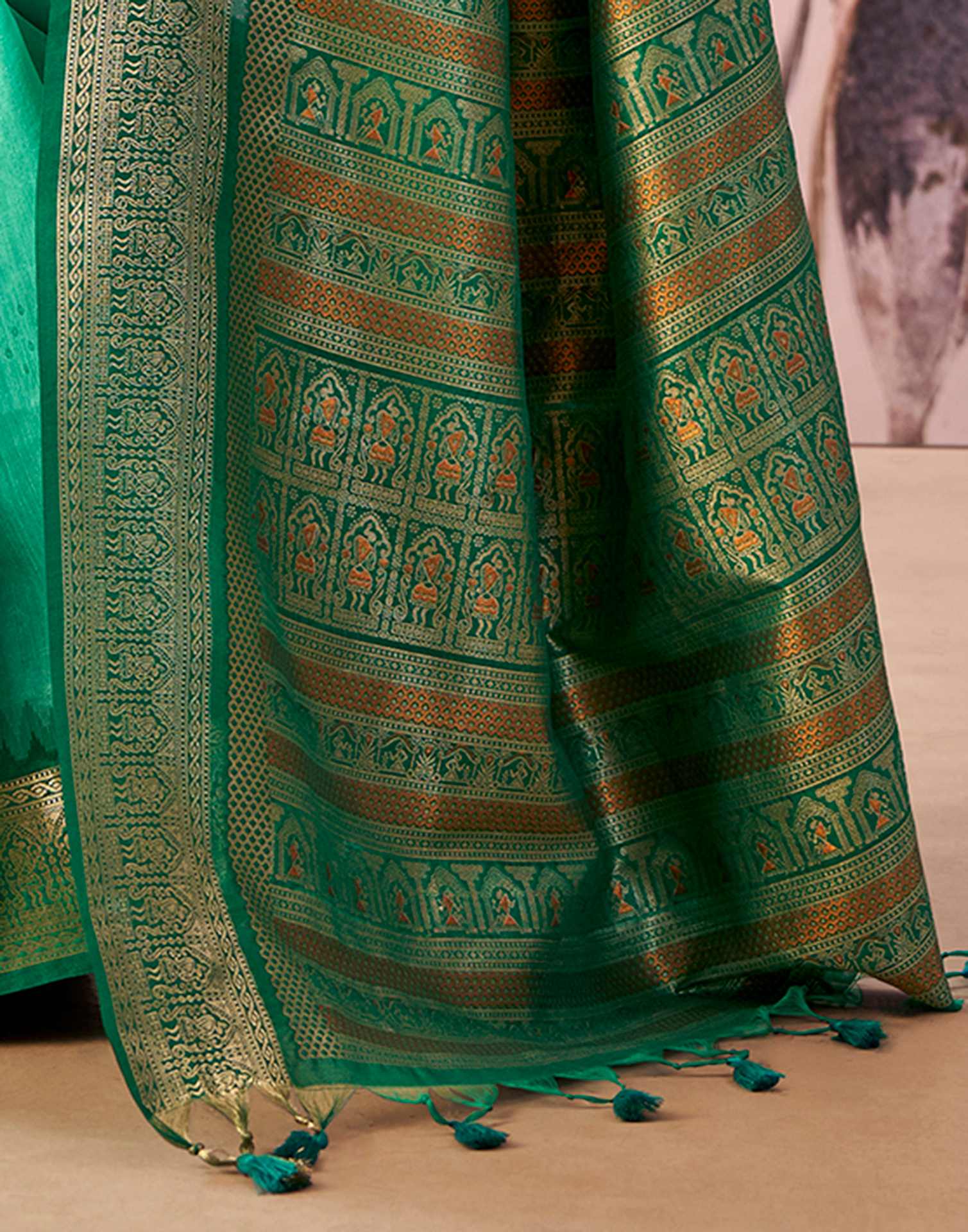 Turquoise Green Tusser Silk Woven Kanjivaram Saree