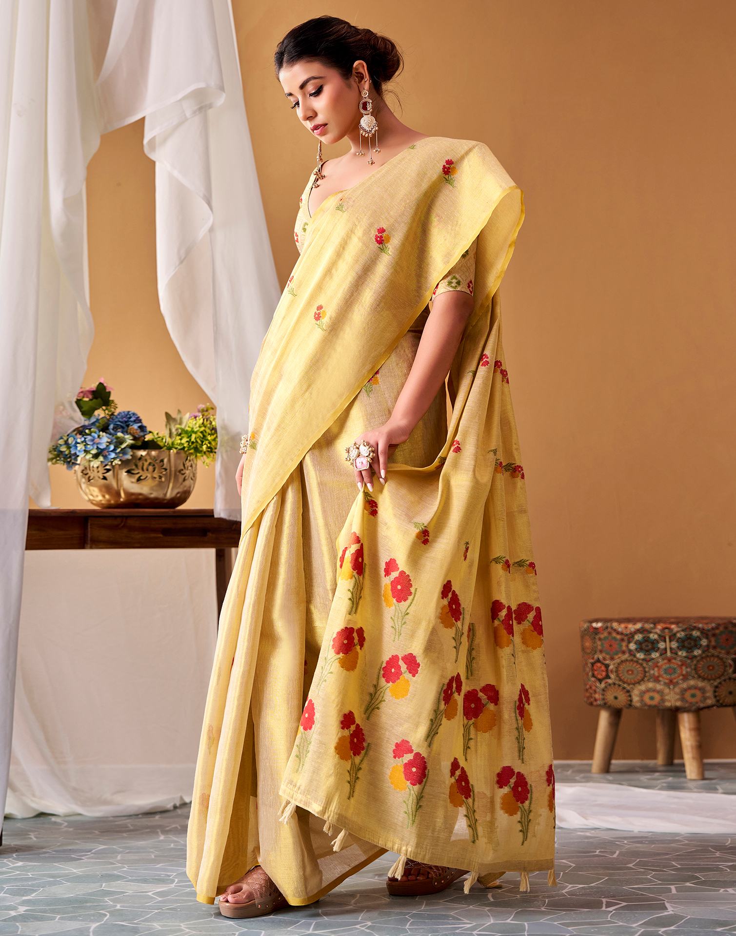 Golden Tissue Silk Woven Floral Saree