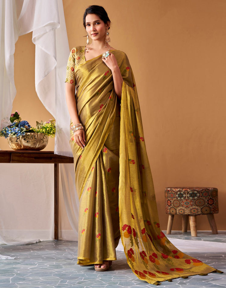 Dark Mustard Green Tissue Silk Woven Floral Saree