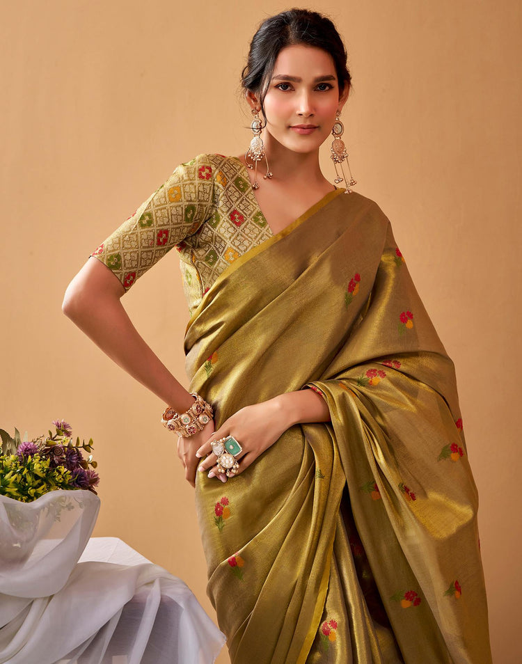 Dark Mustard Green Tissue Silk Woven Floral Saree