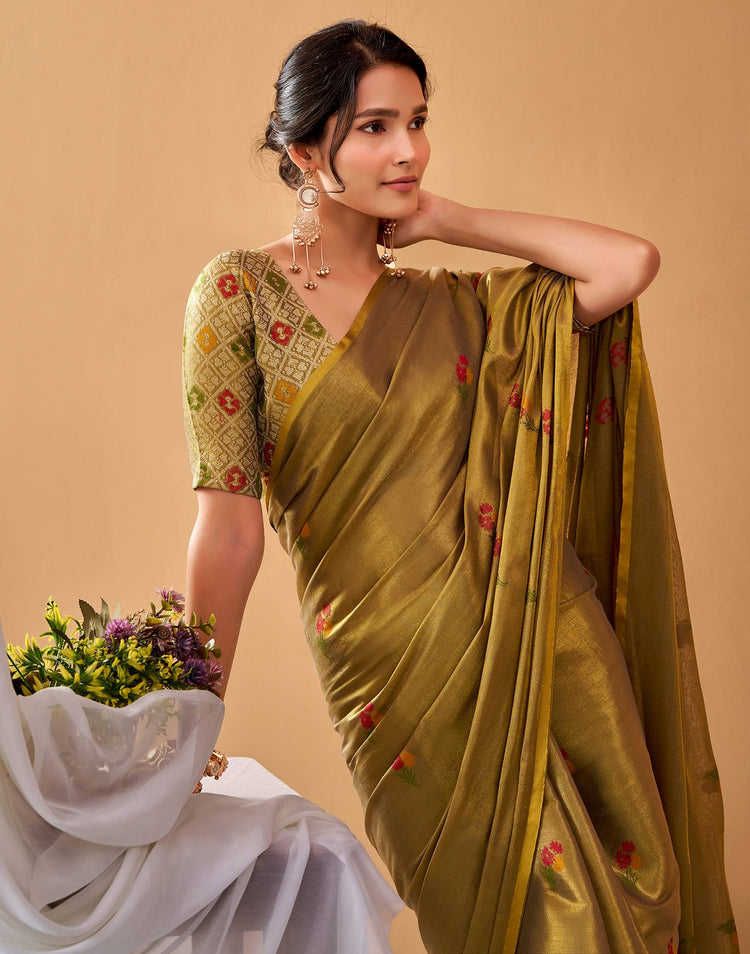 Dark Mustard Green Tissue Silk Woven Floral Saree