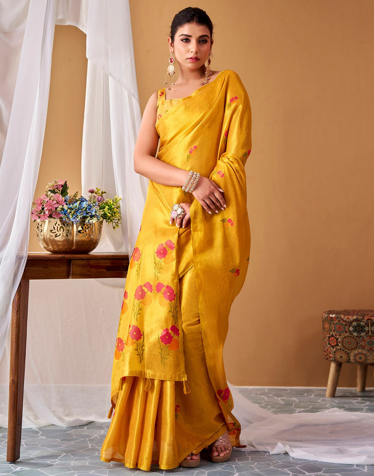 Yellow Tissue Silk Woven Floral Saree