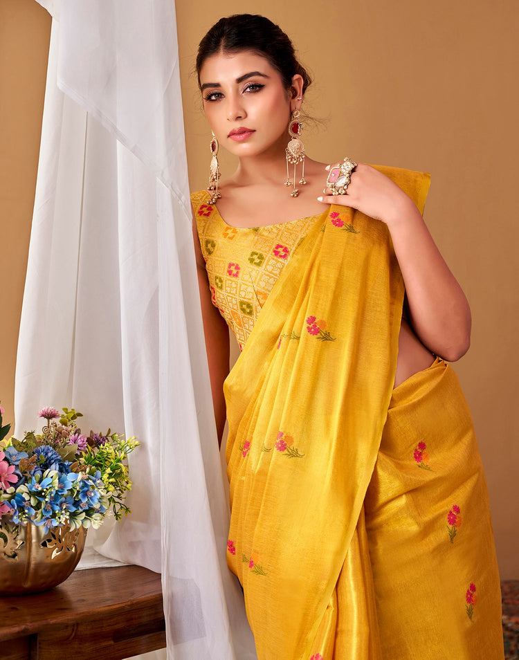 Yellow Tissue Silk Woven Floral Saree