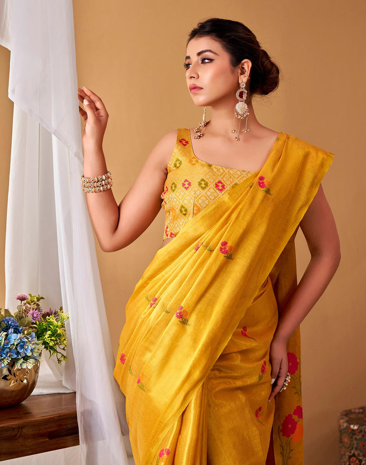 Yellow Tissue Silk Woven Floral Saree
