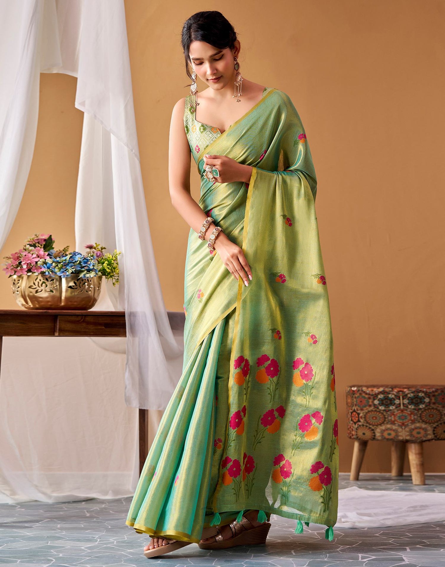 Pista Green Tissue Silk Woven Floral Saree