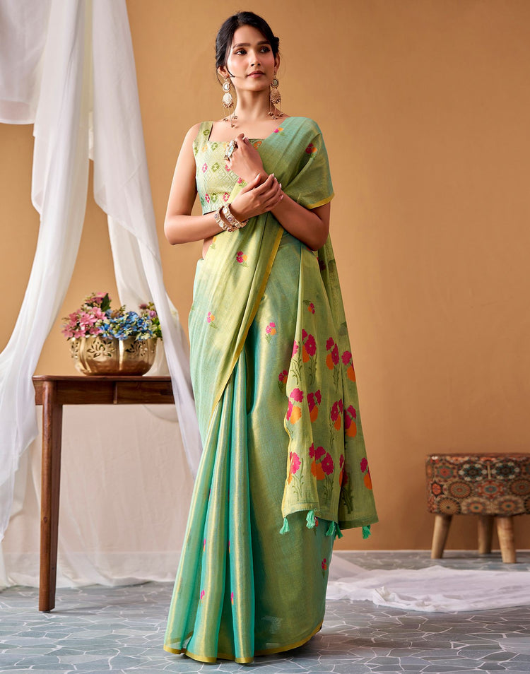 Pista Green Tissue Silk Woven Floral Saree