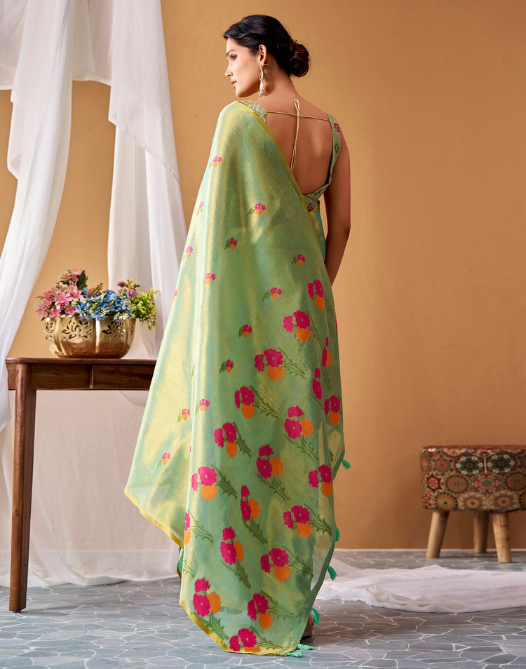 Pista Green Tissue Silk Woven Floral Saree