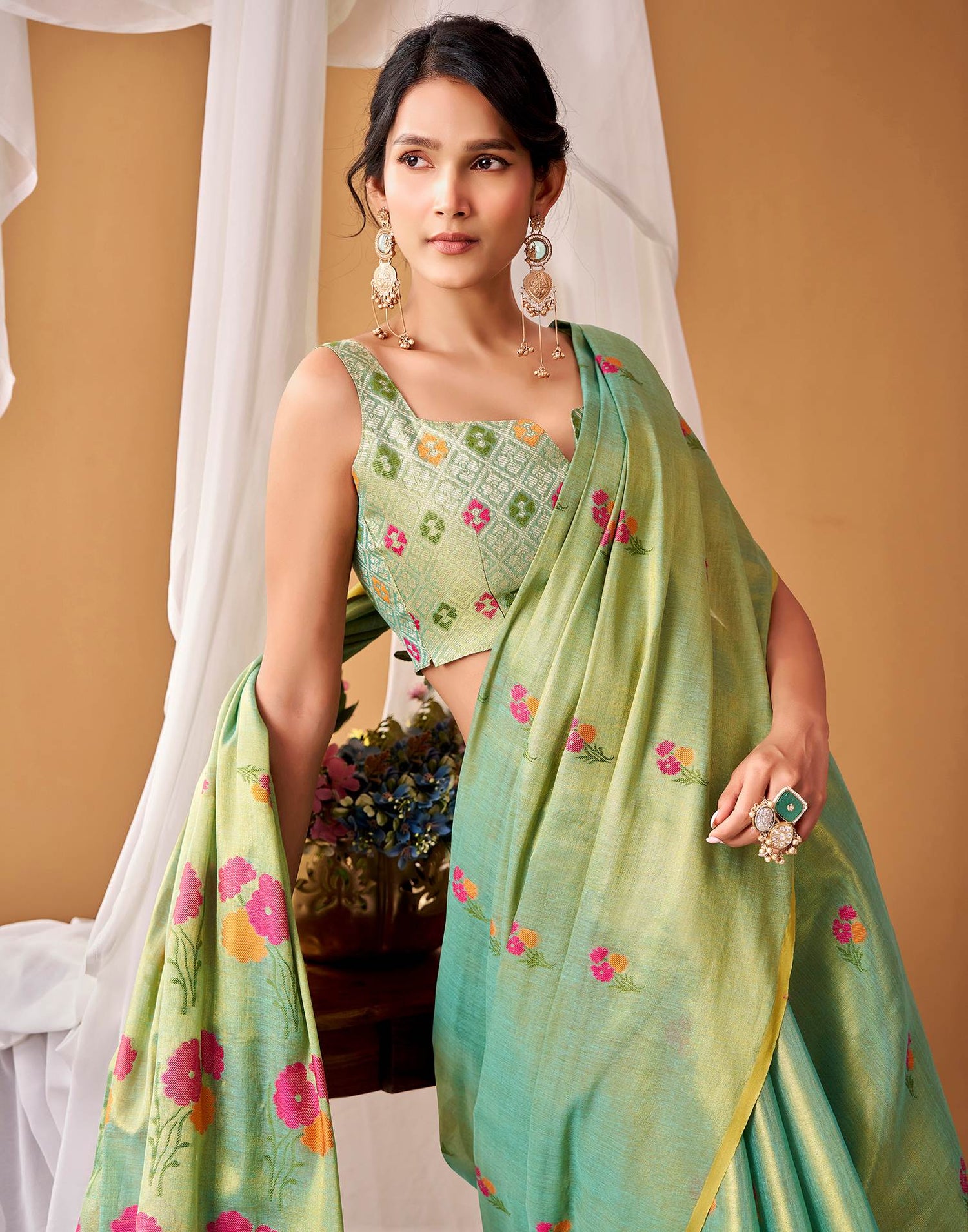 Pista Green Tissue Silk Woven Floral Saree