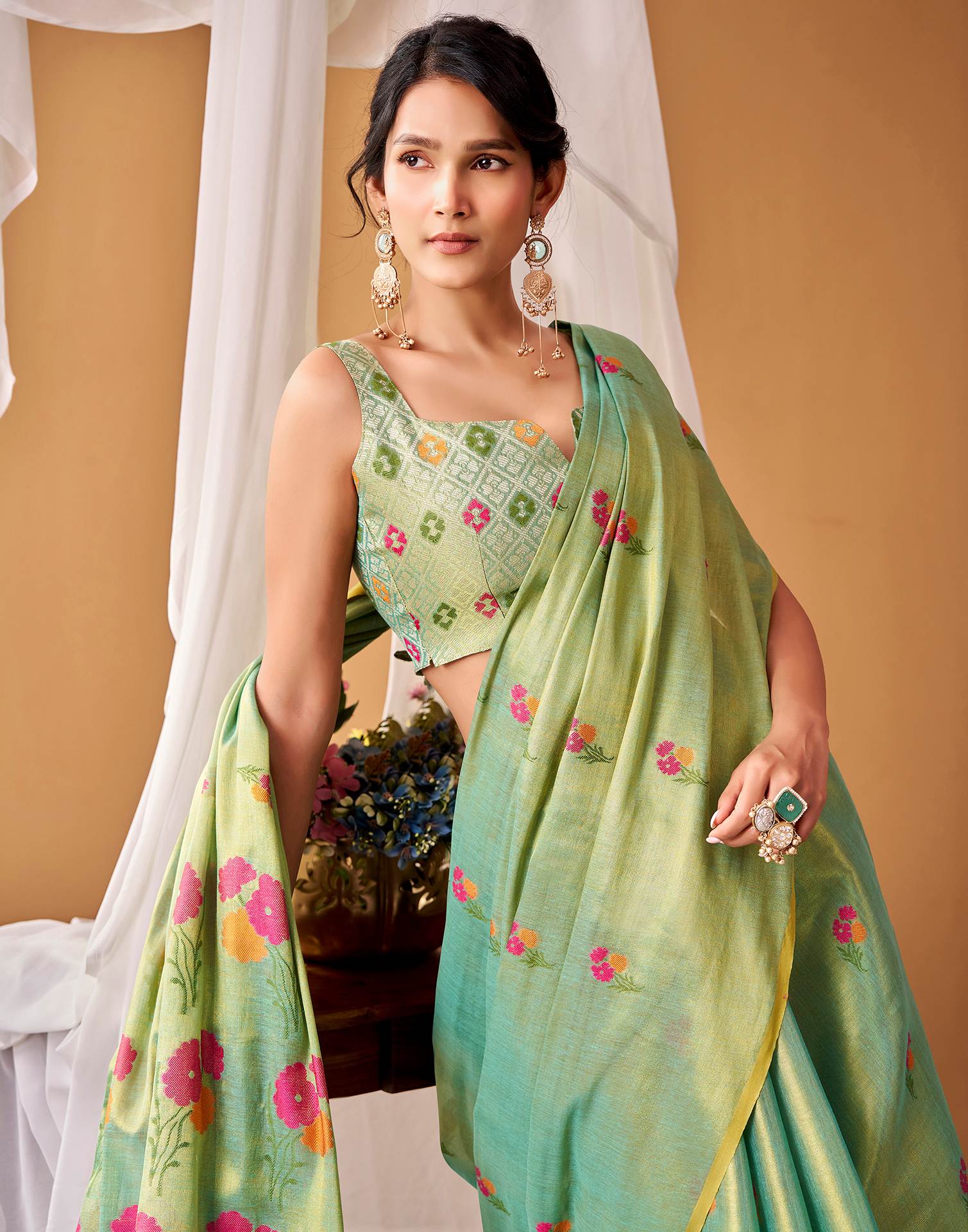 Pista Green Tissue Silk Woven Floral Saree
