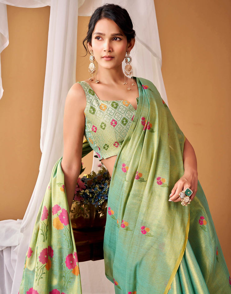 Pista Green Tissue Silk Woven Floral Saree