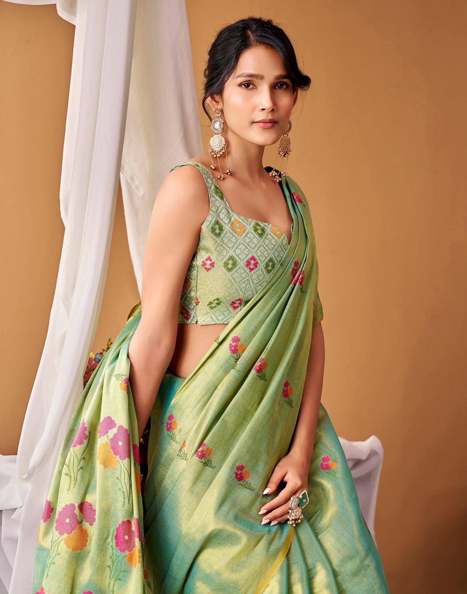 Pista Green Tissue Silk Woven Floral Saree
