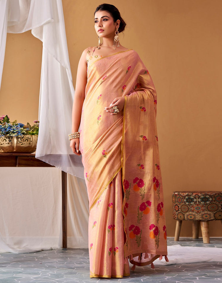 Peach Tissue Silk Woven Floral Saree