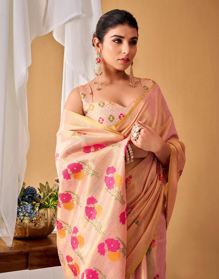 Peach Tissue Silk Woven Floral Saree