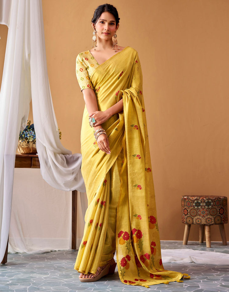 Mustard Yellow Tissue Silk Woven Floral Saree