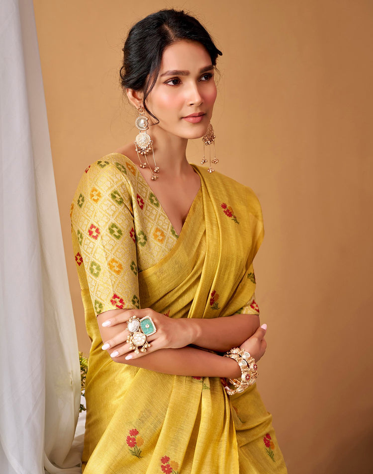Mustard Yellow Tissue Silk Woven Floral Saree