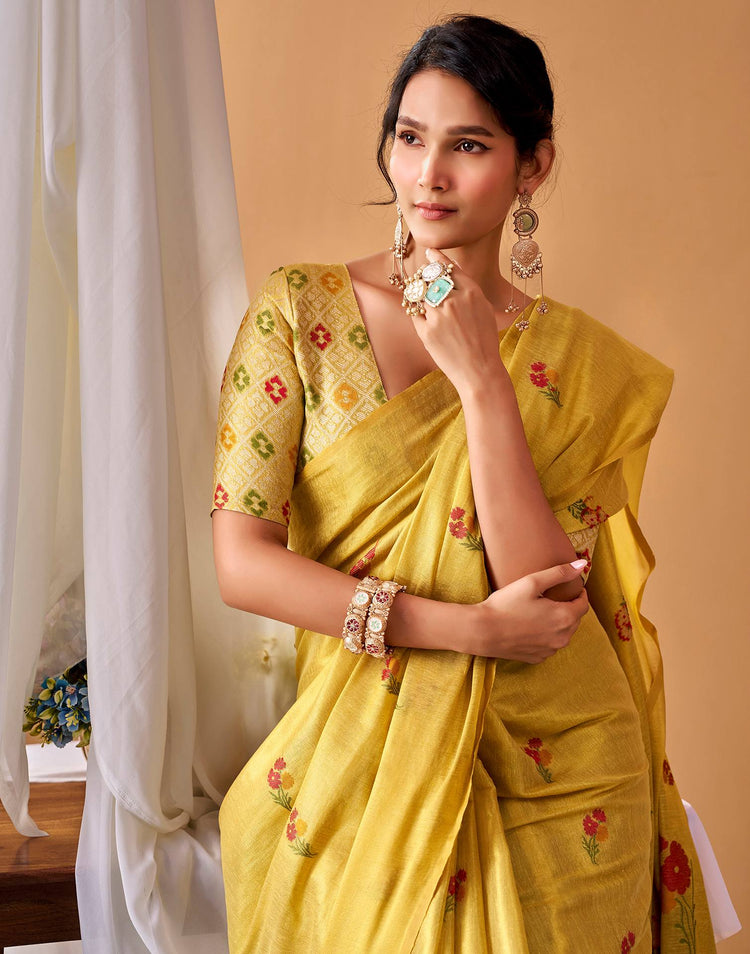 Mustard Yellow Tissue Silk Woven Floral Saree
