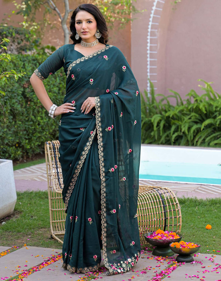 Rama Blue Shimmer Georgette Embroidery Saree