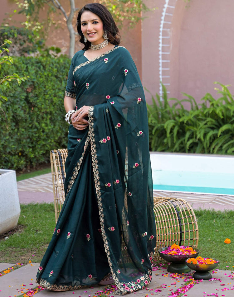 Rama Blue Shimmer Georgette Embroidery Saree