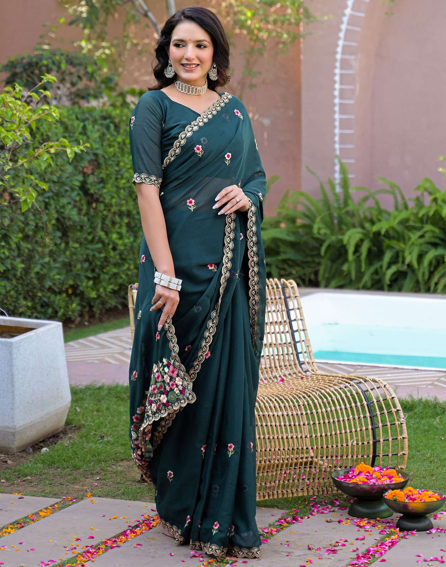 Rama Blue Shimmer Georgette Embroidery Saree