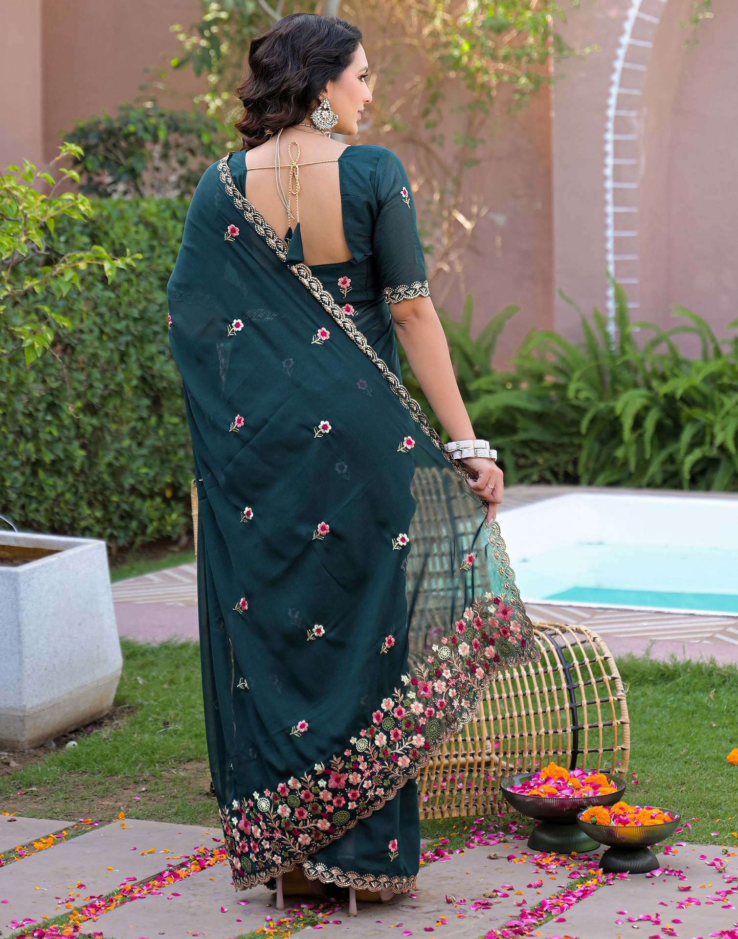 Rama Blue Shimmer Georgette Embroidery Saree