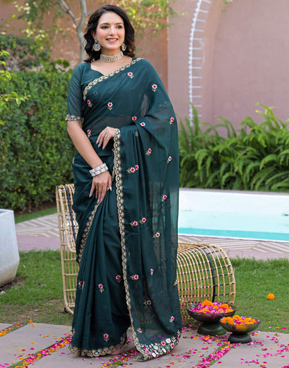 Rama Blue Shimmer Georgette Embroidery Saree