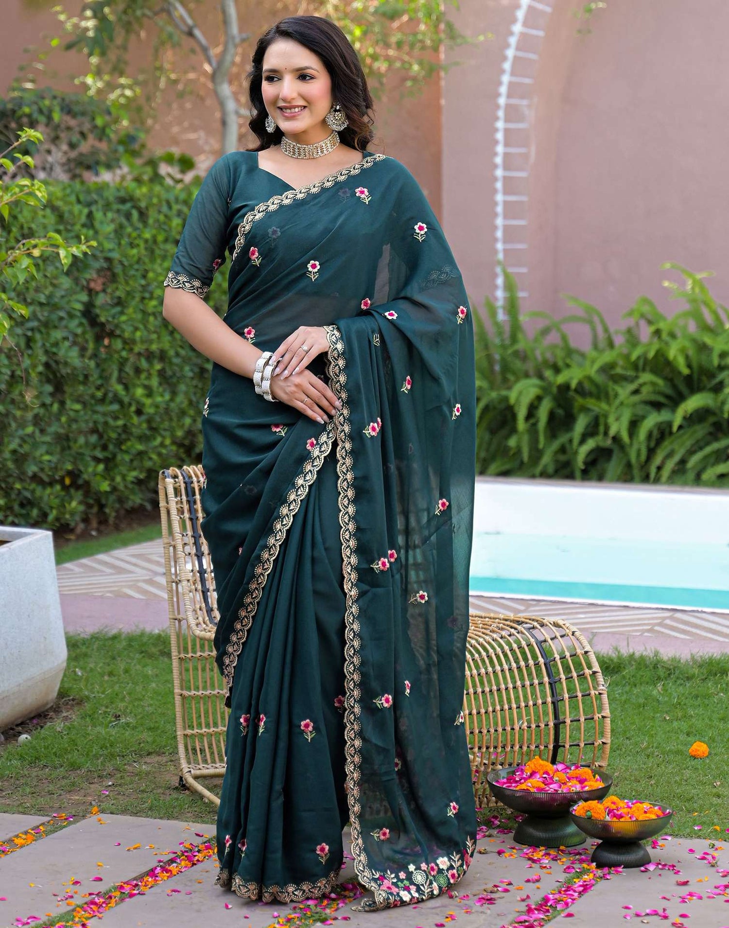 Rama Blue Shimmer Georgette Embroidery Saree