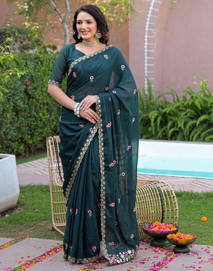 Rama Blue Shimmer Georgette Embroidery Saree