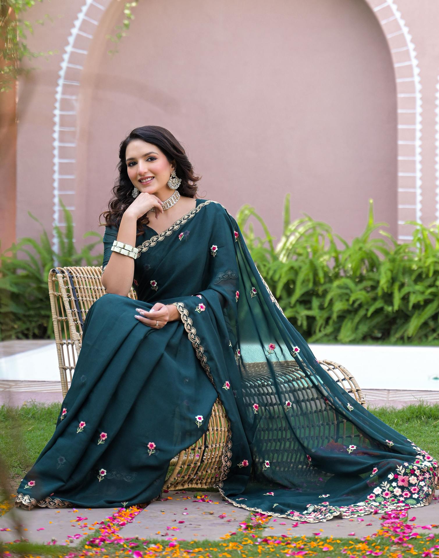 Rama Blue Shimmer Georgette Embroidery Saree