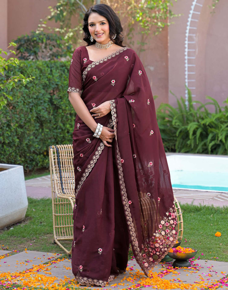 Maroon Shimmer Georgette Embroidery Saree