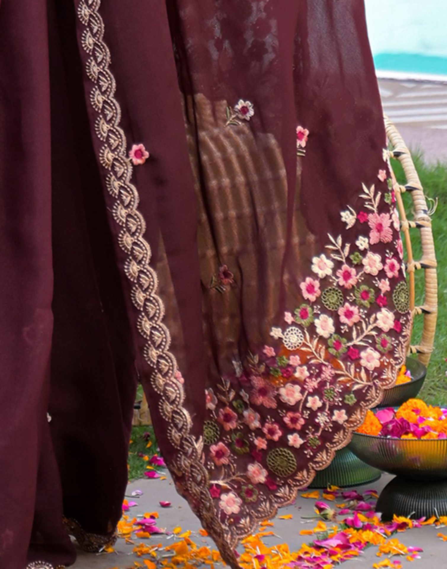 Maroon Shimmer Georgette Embroidery Saree