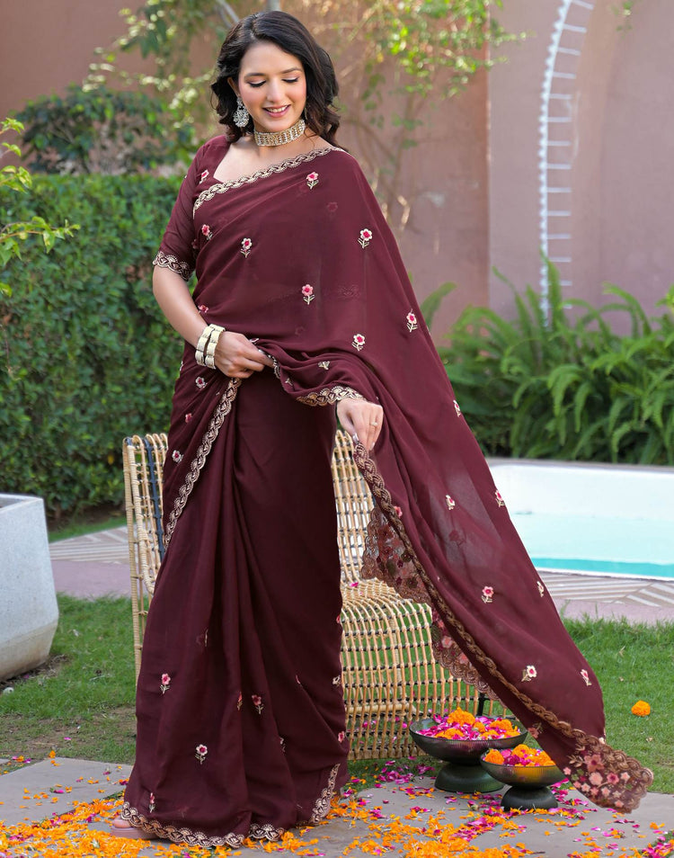 Maroon Shimmer Georgette Embroidery Saree