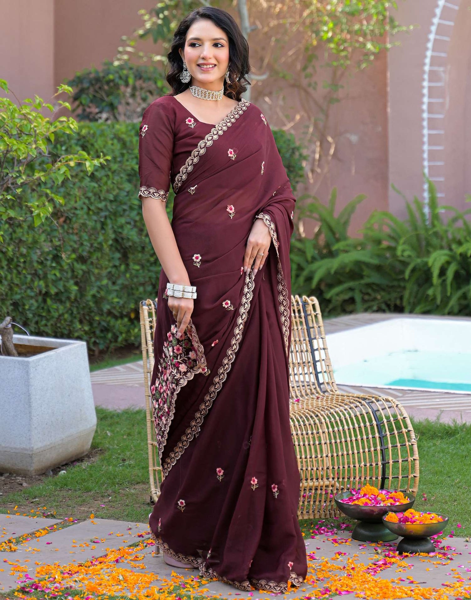 Maroon Shimmer Georgette Embroidery Saree