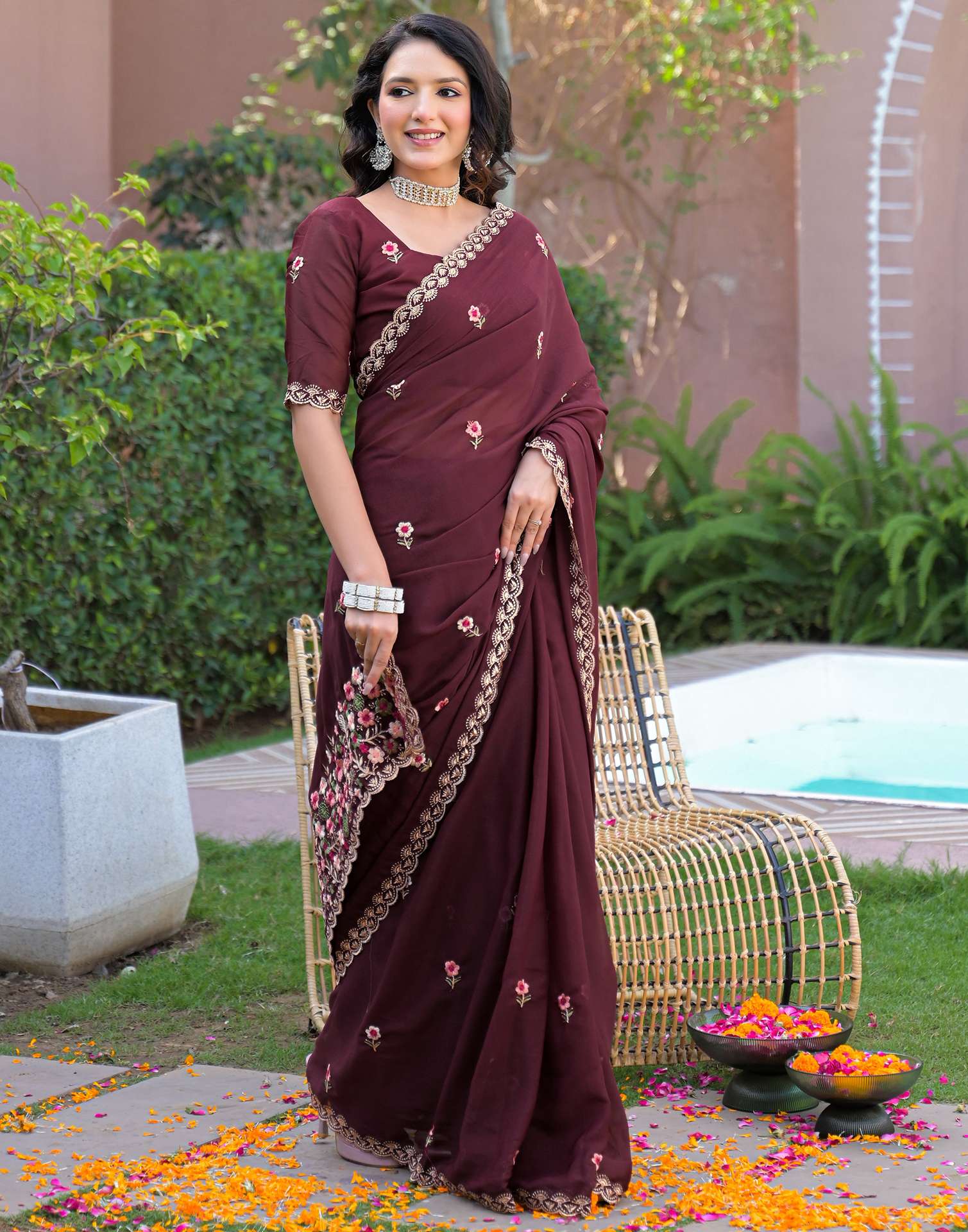 Maroon Shimmer Georgette Embroidery Saree