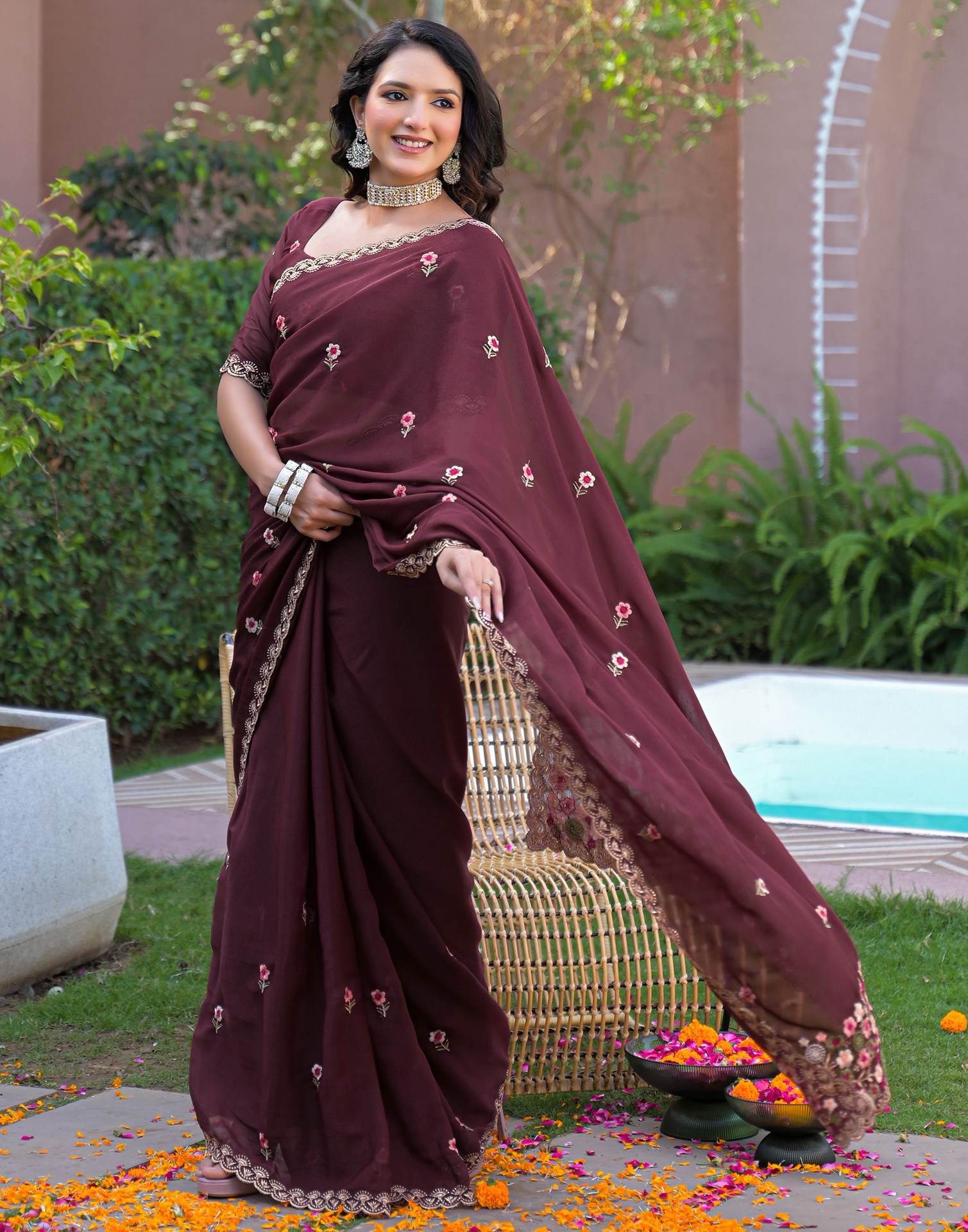 Maroon Shimmer Georgette Embroidery Saree