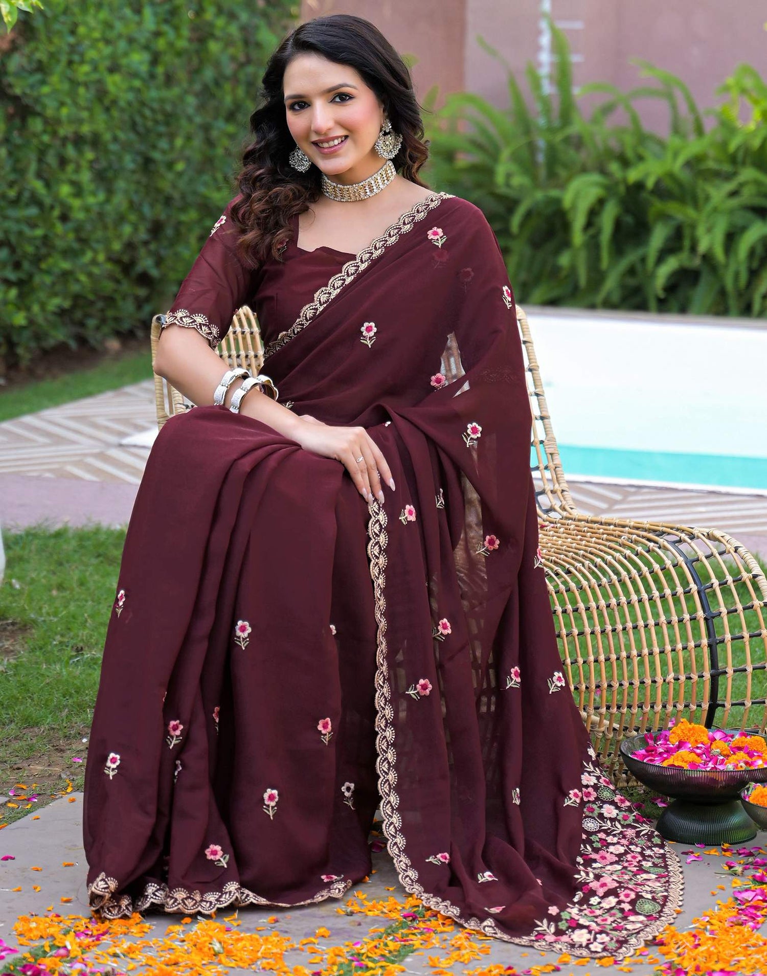 Maroon Shimmer Georgette Embroidery Saree
