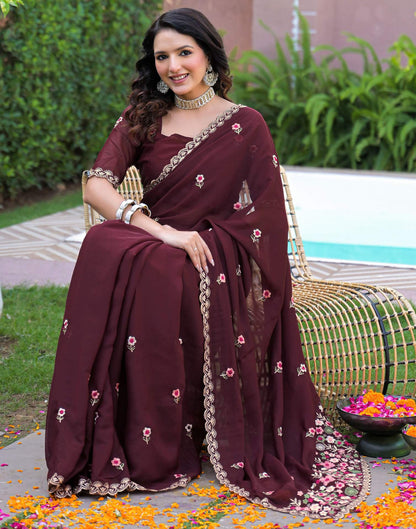 Maroon Shimmer Georgette Embroidery Saree