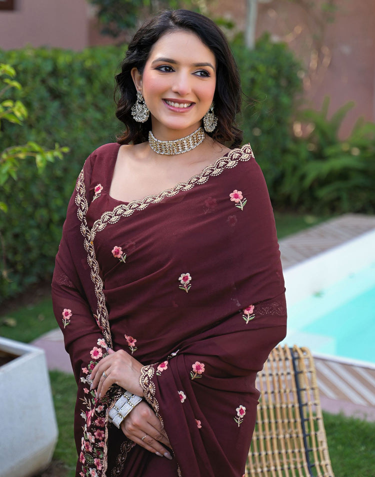 Maroon Shimmer Georgette Embroidery Saree