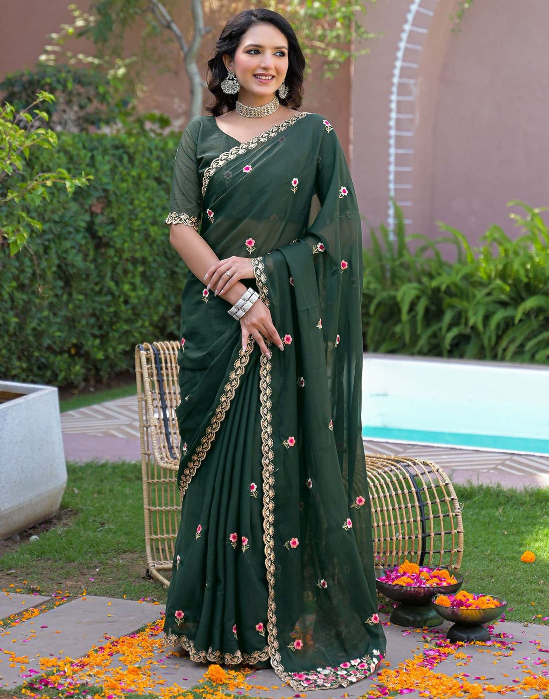 Dark Green Shimmer Georgette Embroidery Saree