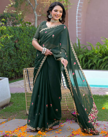 Dark Green Shimmer Georgette Embroidery Saree