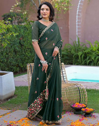 Dark Green Shimmer Georgette Embroidery Saree