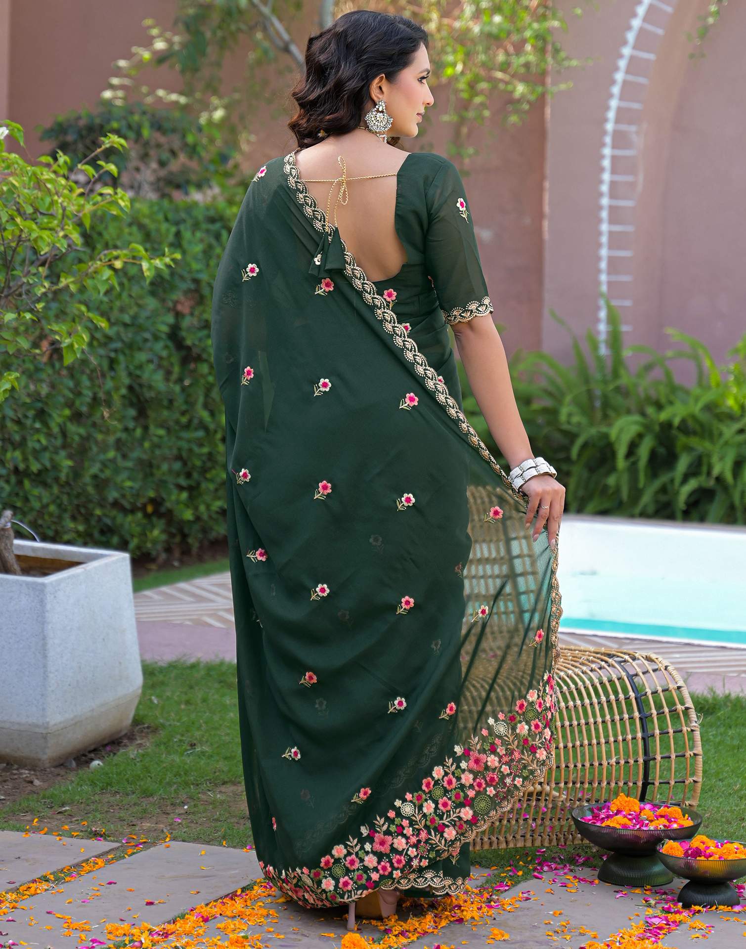 Dark Green Shimmer Georgette Embroidery Saree