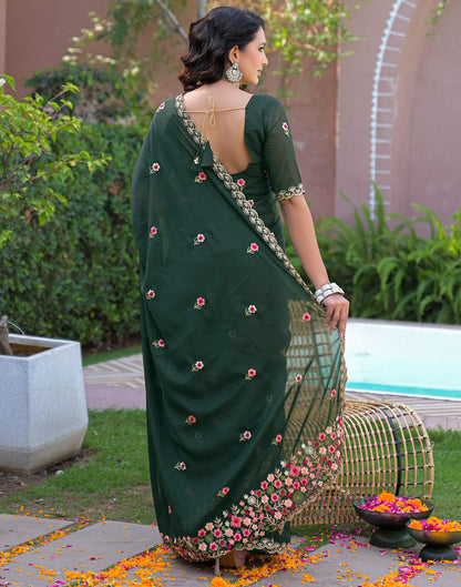 Dark Green Shimmer Georgette Embroidery Saree
