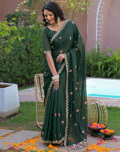 Dark Green Shimmer Georgette Embroidery Saree