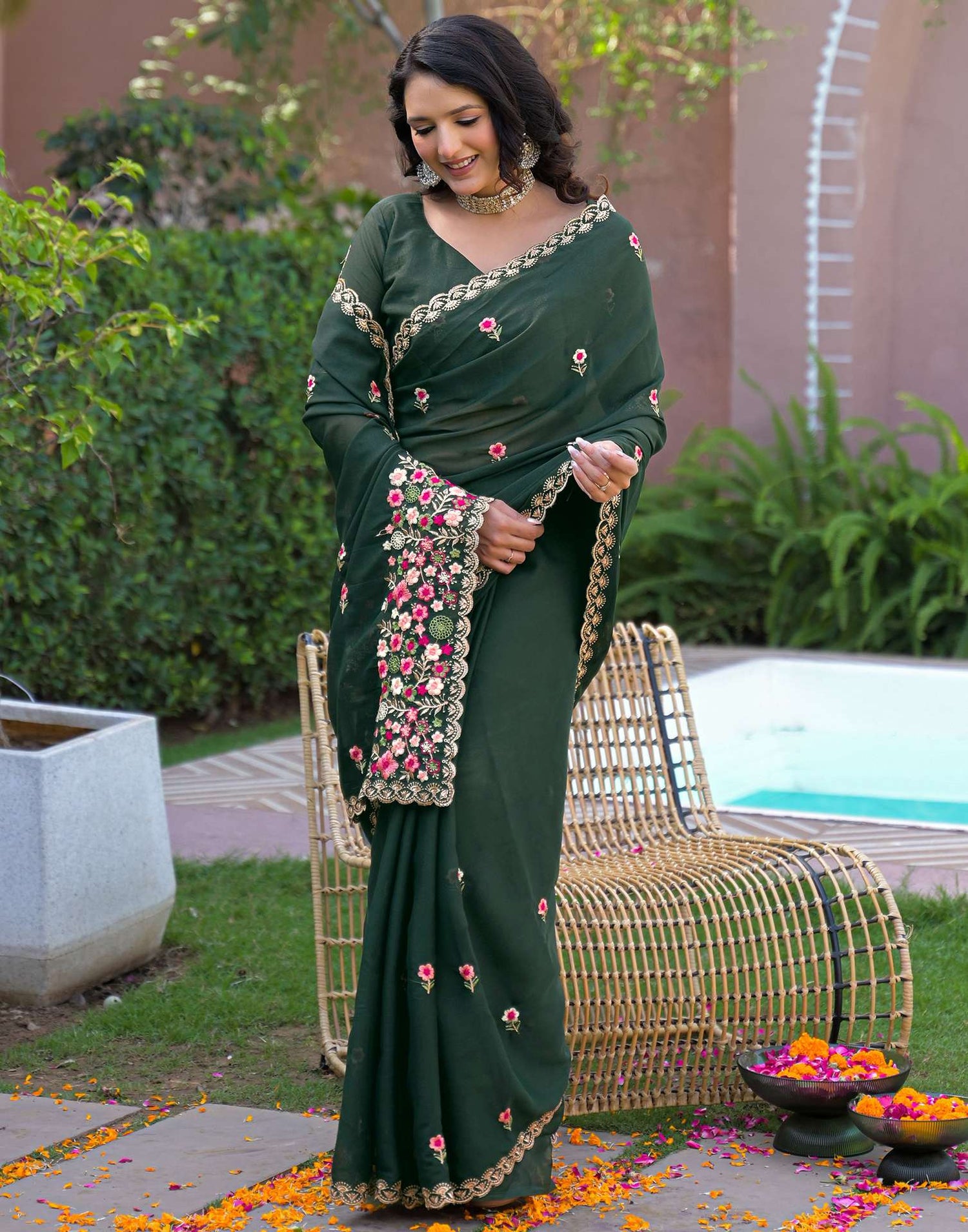 Dark Green Shimmer Georgette Embroidery Saree