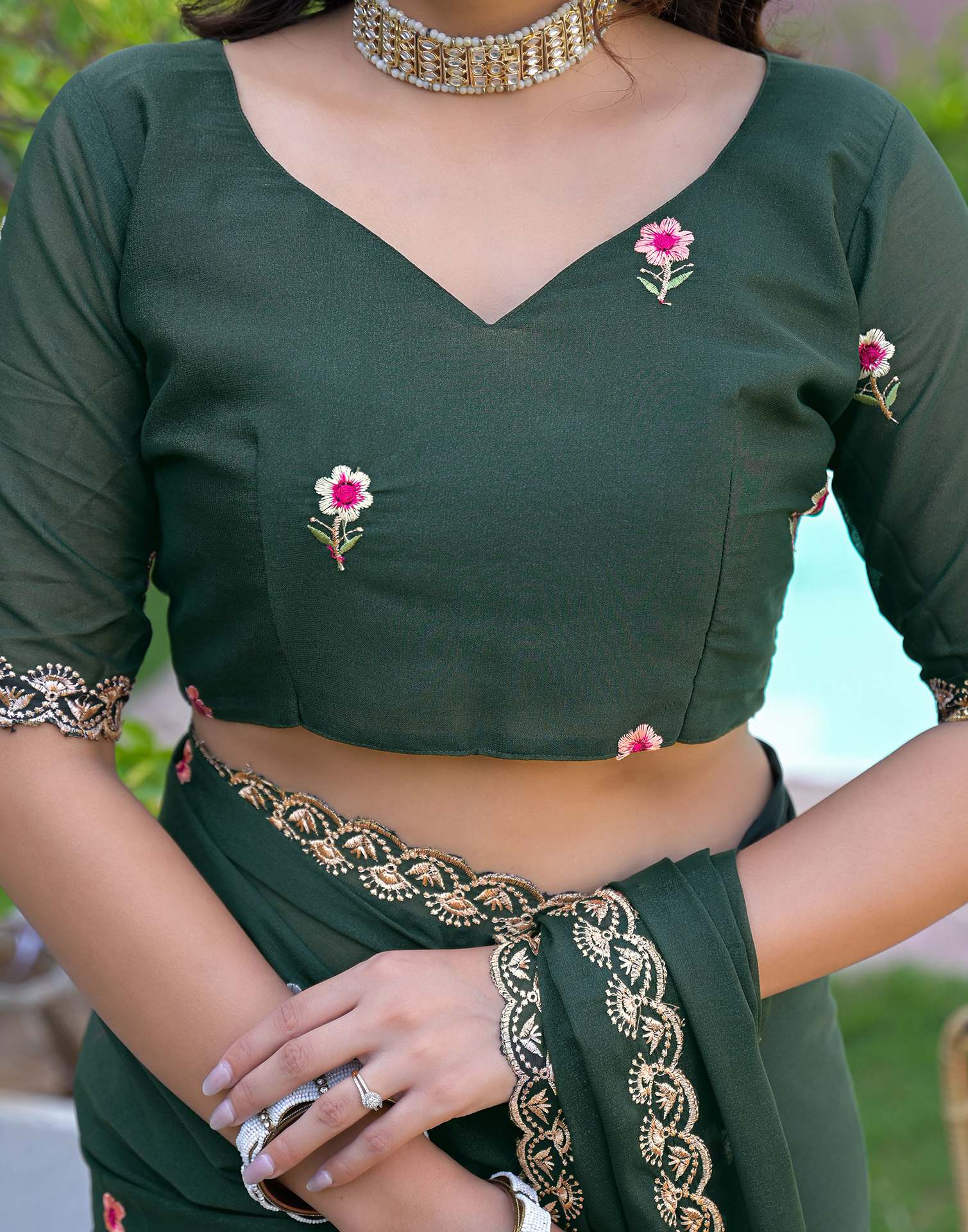 Dark Green Shimmer Georgette Embroidery Saree