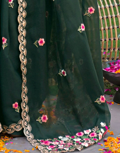 Dark Green Shimmer Georgette Embroidery Saree