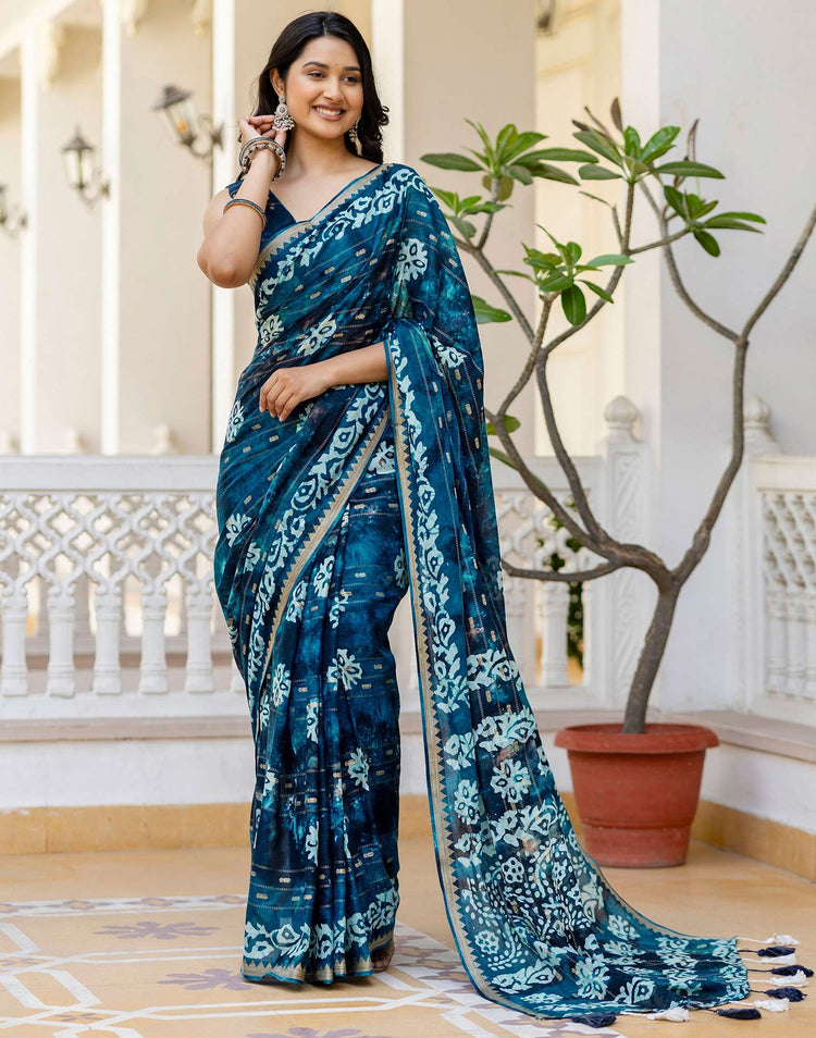 Navy Blue Cotton Printed Zari Stripe Saree