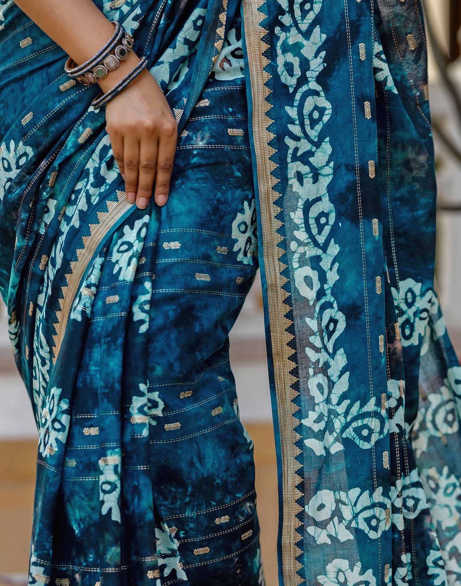 Navy Blue Cotton Printed Zari Stripe Saree