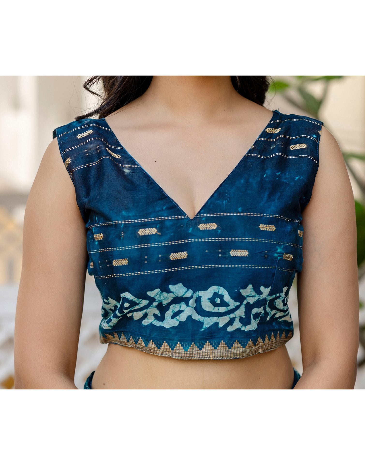 Navy Blue Cotton Printed Zari Stripe Saree